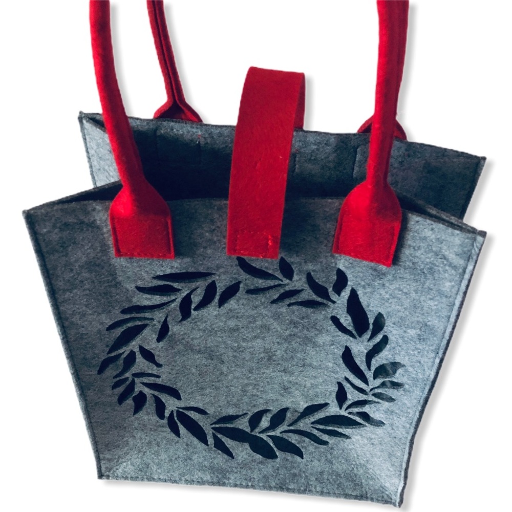 Leaf Design Thick Felt Tote Knitting Sewing Reading Bag w/ Handles + Closure